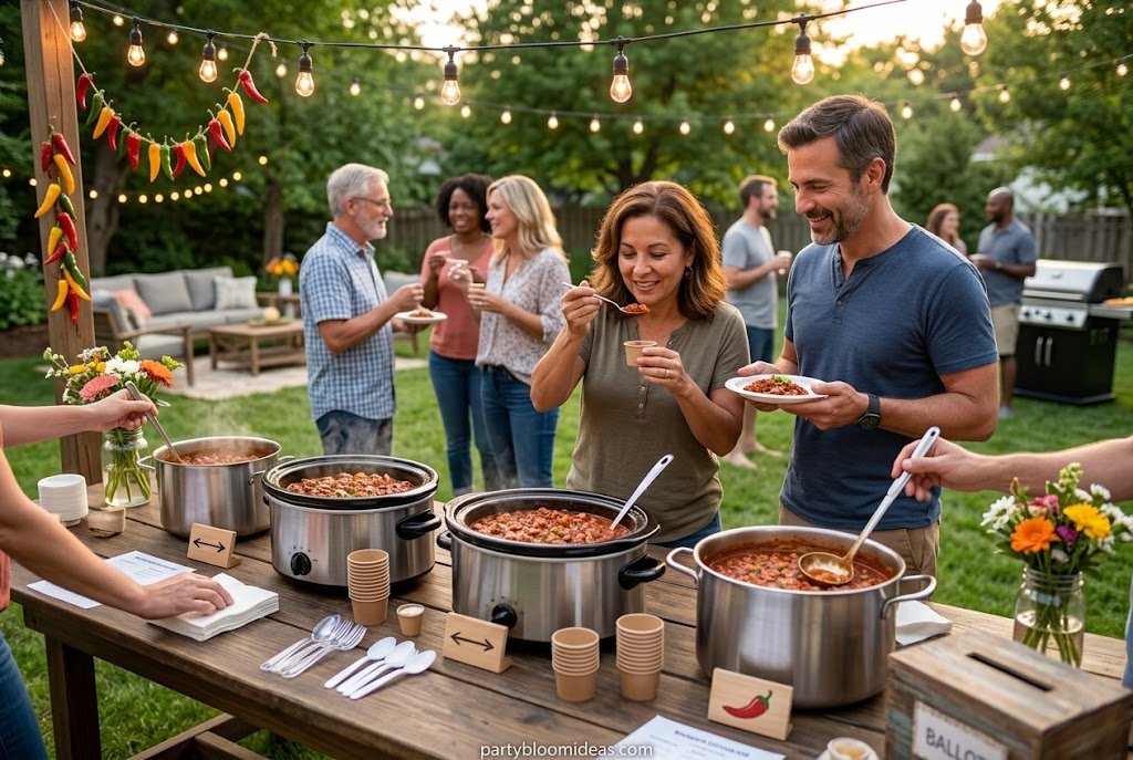 Backyard chili cook-off with tasting station, toppings bar, and friendly competition.