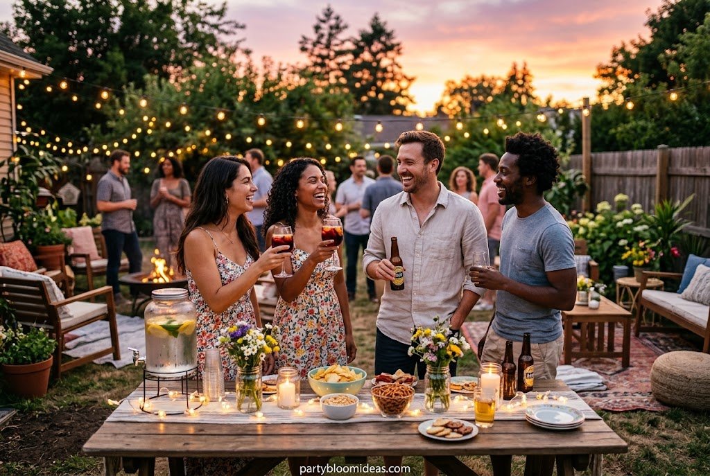 Sunset happy hour party with cocktails, appetizers, and golden hour lighting.