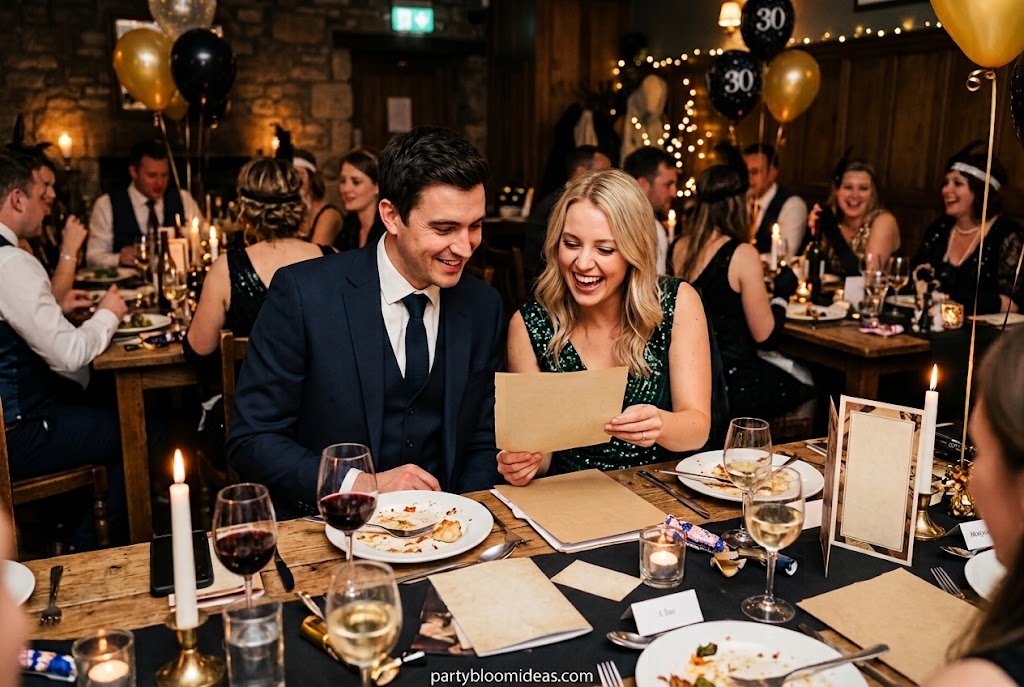 Murder mystery dinner party with candlelight, themed décor, and immersive entertainment.
