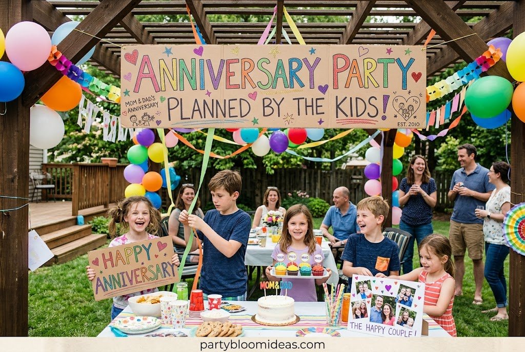 Adult children hosting a heartfelt anniversary party for their parents