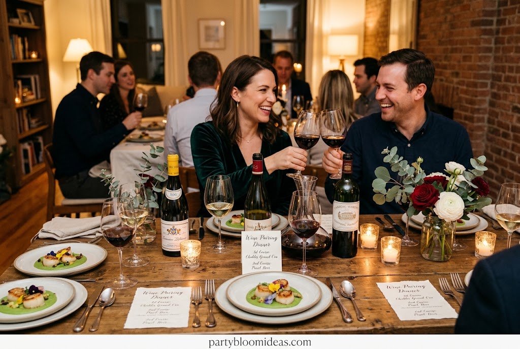 Elegant wine pairing dinner with multiple wine glasses, gourmet dishes, and candlelit décor.
