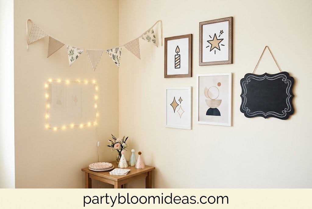 Decorative party banner displayed above a doorway in a small living room.