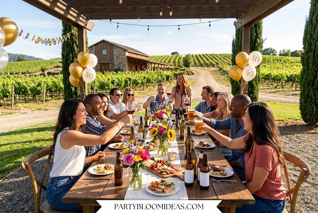 Friends enjoying a vineyard wine tasting for a 40th birthday celebration