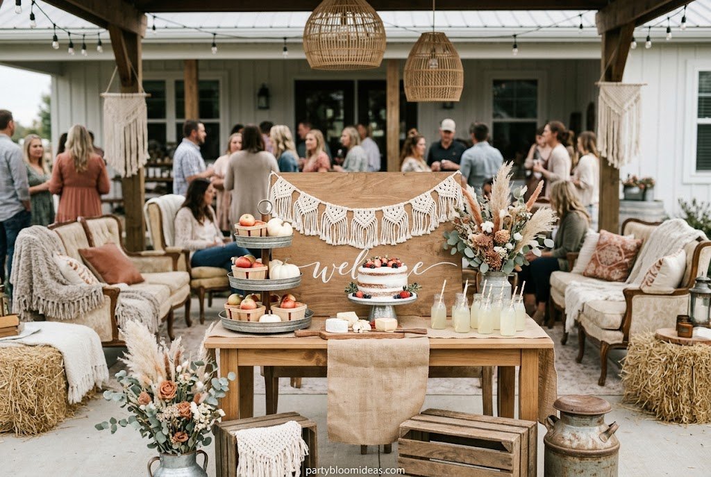 Farmhouse baby shower theme with sunflowers, wooden crates, and rustic decor