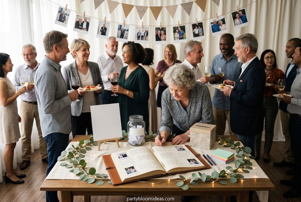 Guests writing heartfelt retirement wishes and memories in a keepsake guest book