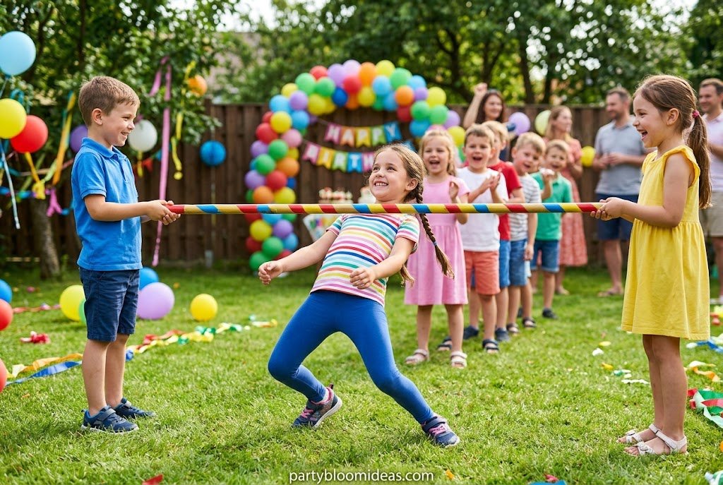Children having fun playing the limbo game at a birthday party