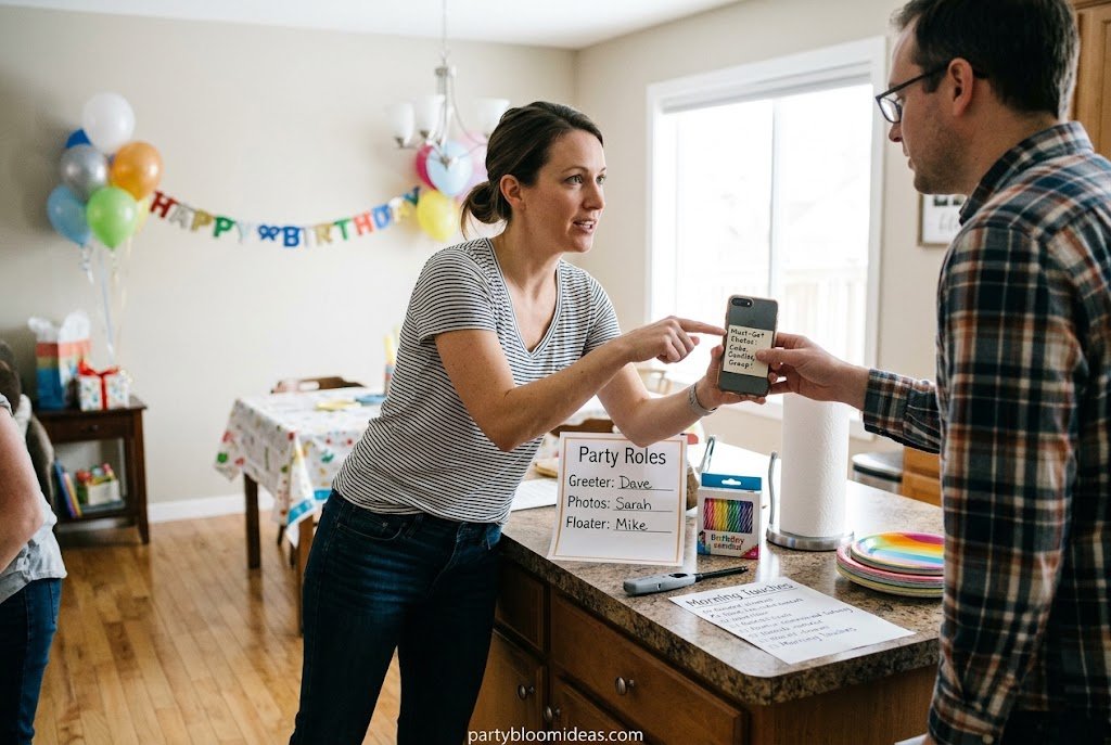 Family setting up birthday party decorations while friends help organize food, photos, and party suppliesHow to Plan a Kids Birthday Party Step by Step