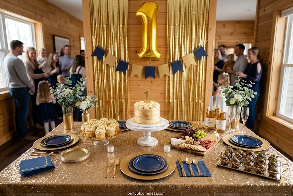 Classic gold ONEderful first birthday party theme with elegant gold decorations