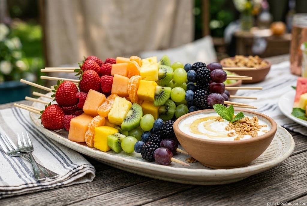 Colorful rainbow fruit skewers with honey yogurt dip