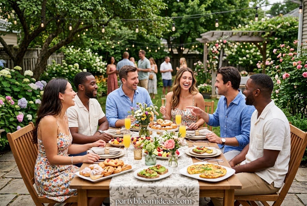Backyard brunch party with fresh flowers, mimosa bar, and elegant breakfast table.