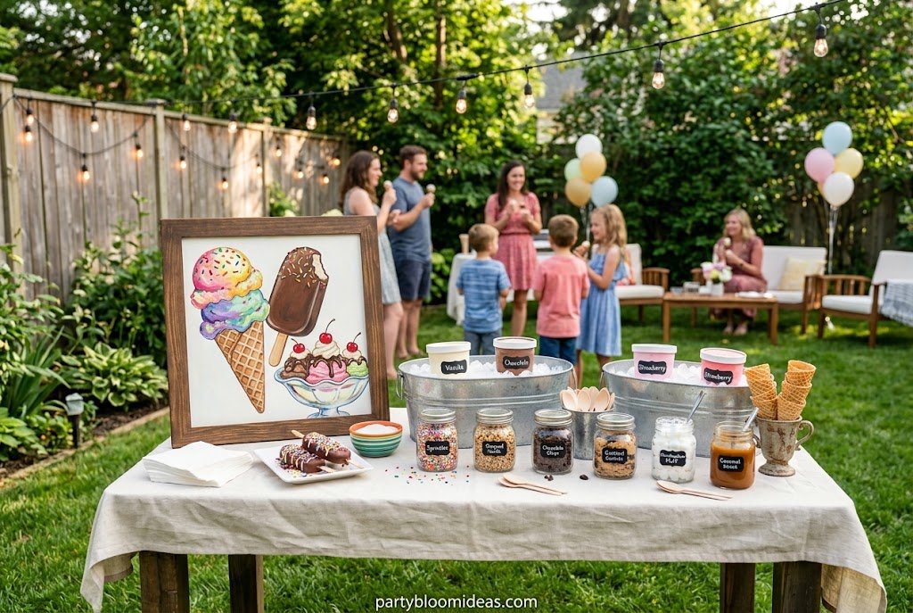 Ice cream social party with DIY sundae bar and colorful toppings.