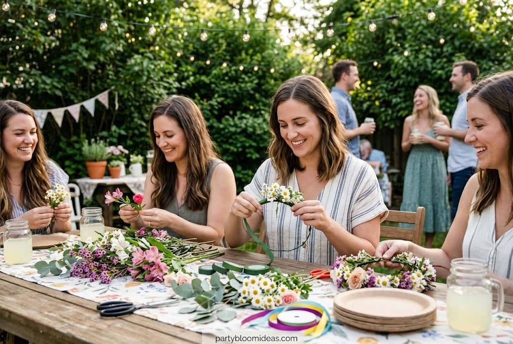 DIY floral crown workshop with fresh flowers and creative party activity.