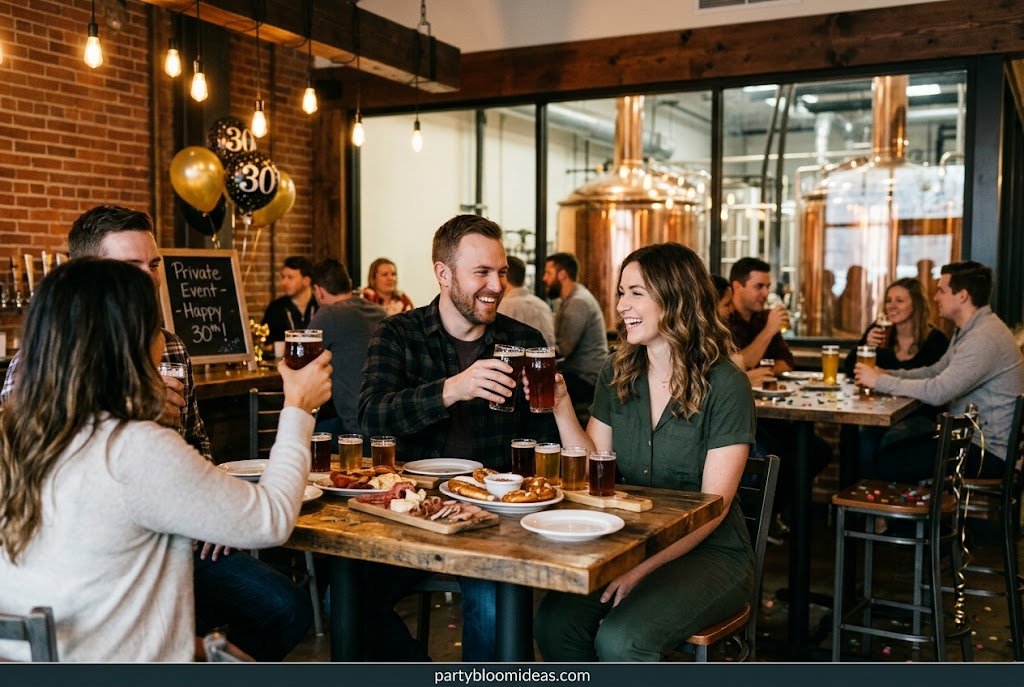 Brewery birthday celebration with reserved seating, drinks, and casual party atmosphere.