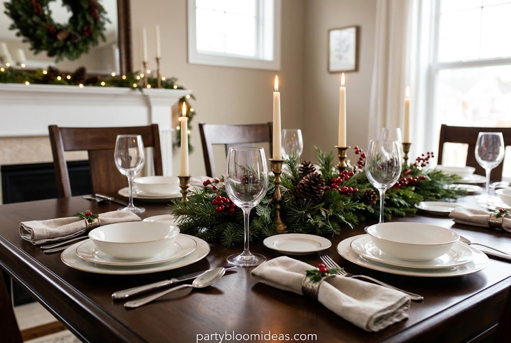 Festive holiday dinner table decorated with evergreen garlands, candles, and gold accents.