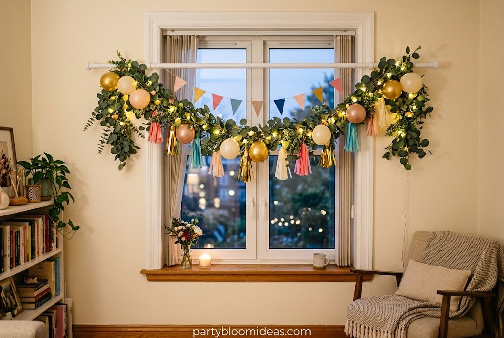 Greenery garland hanging from a tension rod over a doorway for party decoration.