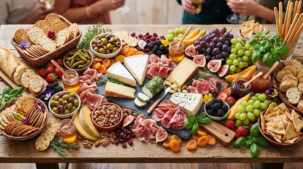 Budget-friendly grazing table featuring affordable cheese, crackers, bread, fruit, vegetables, and dips.