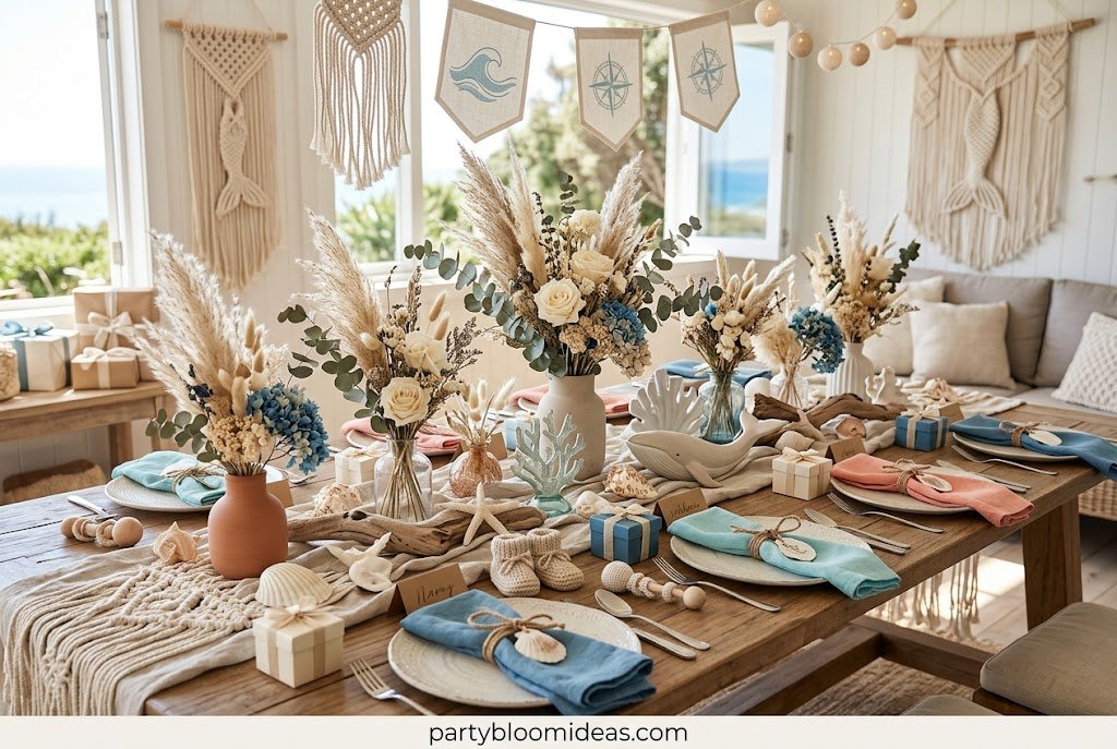 Nautical baby shower decorations with blue ocean-inspired theme and seashell accents