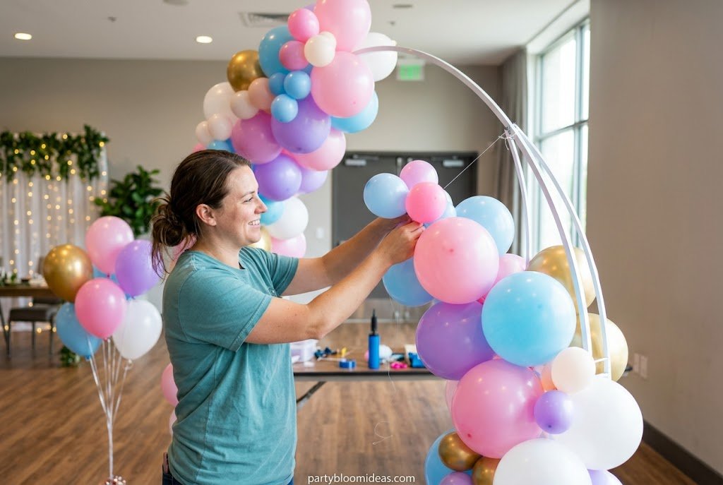 PVC pipe balloon arch frame assembled for a freestanding party display.