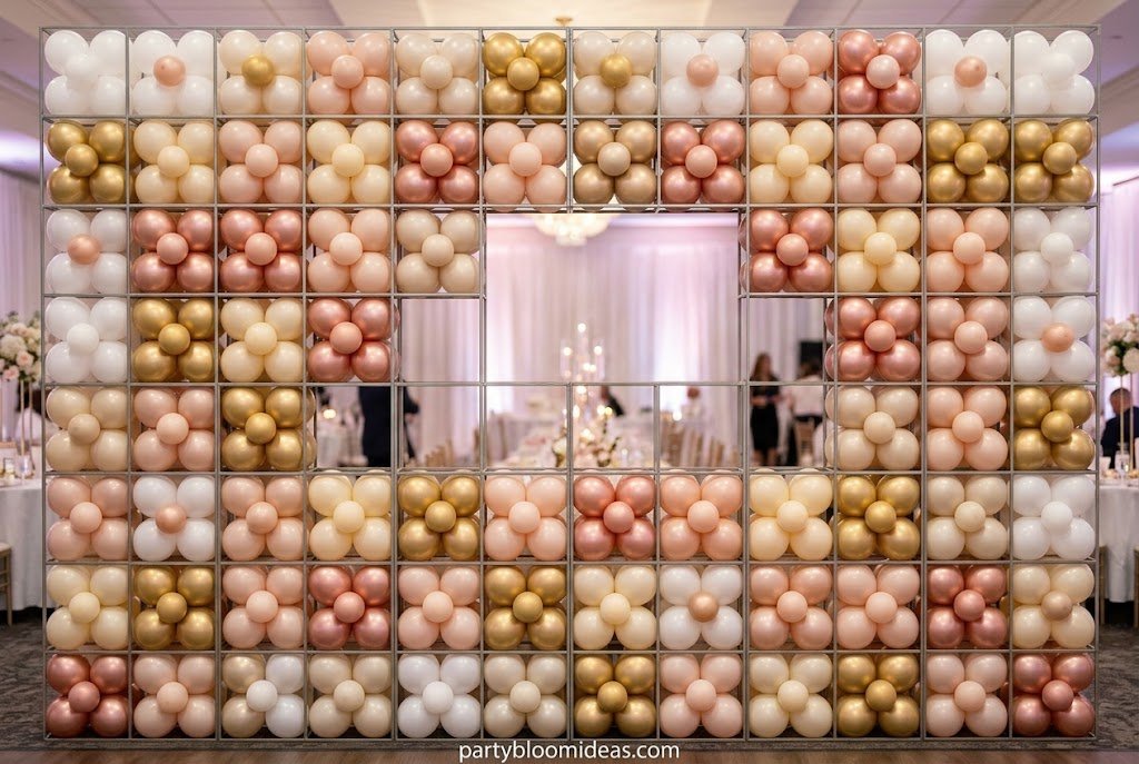 Organic balloon arch with mixed balloon sizes and soft asymmetrical styling.