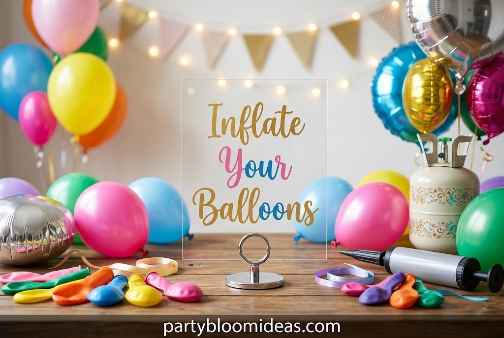 Balloon color palette featuring white, dusty rose, sage green, gold, and pastel balloons.