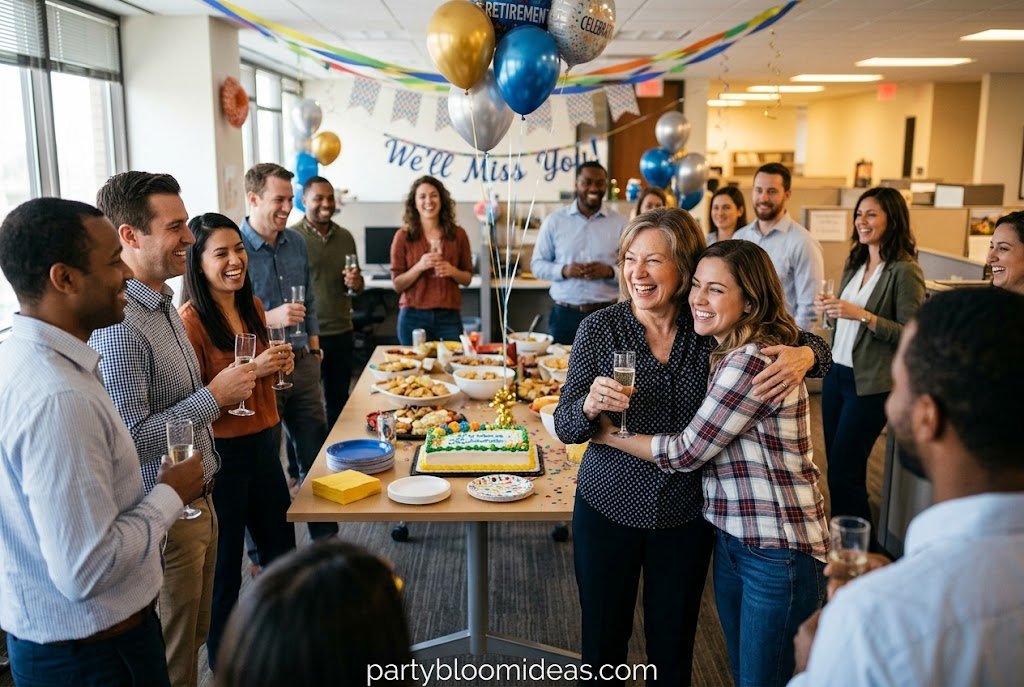 Office retirement party with decorated conference room, coworkers, cake, and farewell banner Retirement Party Ideas